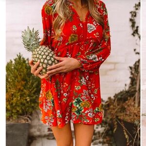 Umgee Harvest Red Floral Long Sleeve V Neck, LadderLace insets Dress, size Large